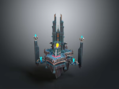Fantasy Floating Castle Tower With Glowing Blue And Yellow Decorative Lights 3d model