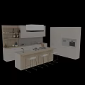 Modern Kitchen Interior With White Cabinets Island Stools Appliances And Open Shelves