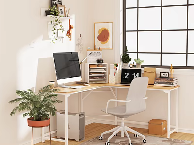Modern Office Desk With Computer Monitor Gray Chair Potted Plant Window Books And Storage Boxes 3d model
