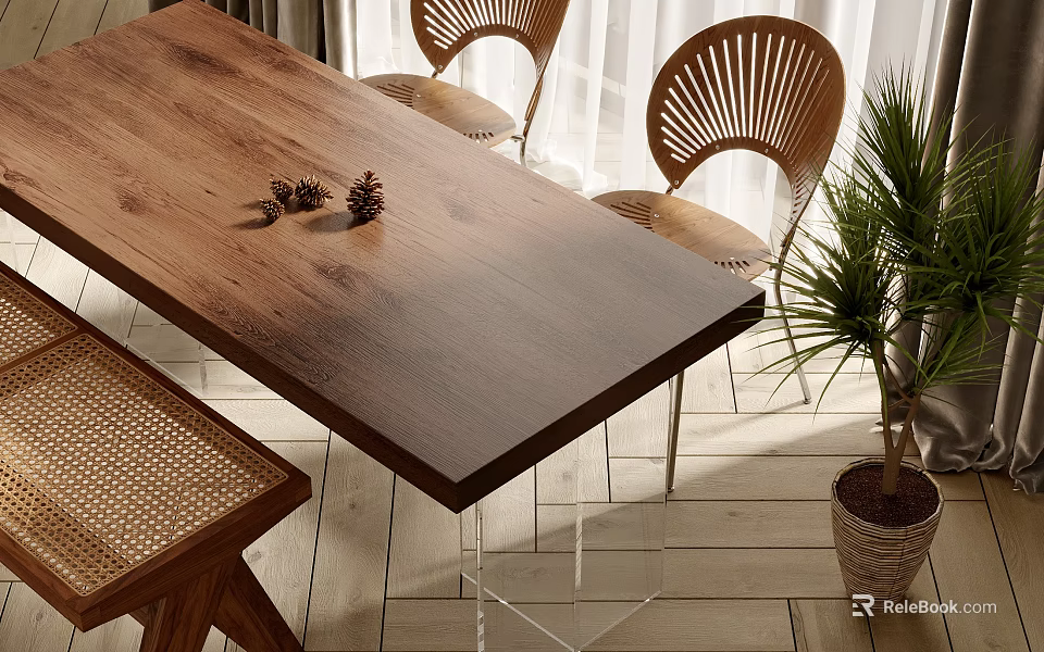Wooden Dining Table Set With Fan Shaped Chairs Pinecone Decor And Green Plant In Bright Room 3d model 