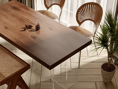 Wooden Dining Table Set With Fan Shaped Chairs Pinecone Decor And Green Plant In Bright Room 3d model