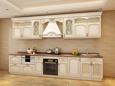 Classic White Kitchen Cabinets With Ornate Design And Cooker Hood Tile Walls 3d model