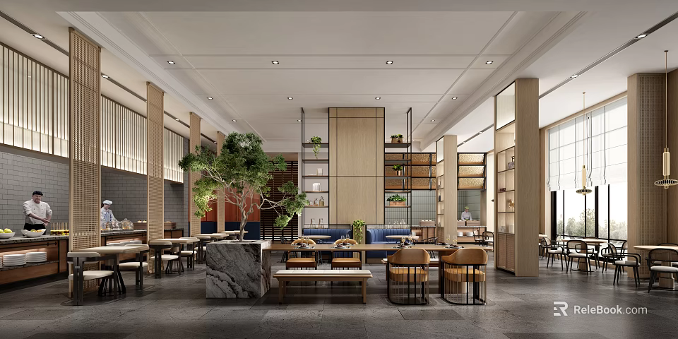 Modern Restaurant Interior Design With Open Layout Marble Counter Wooden Shelves And Green Plants 3d model 