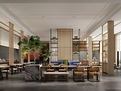 Modern Restaurant Interior Design With Open Layout Marble Counter Wooden Shelves And Green Plants 3d model