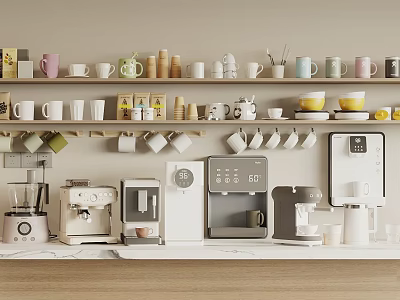 Modern Minimalist Kitchen With Coffee Maker Blender Kettle Cups Utensils And Appliances On Shelves 3d model