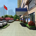 Modern Commercial Street Building Exterior With Glass Windows Blue Awning Surrounding Trees And Street Cars