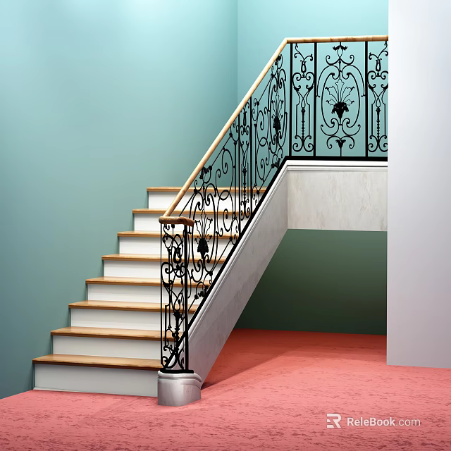 Staircase With Wrought Iron Decorative Railing And Wooden Steps Light Blue Wall Pink Floor 3d model 
