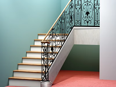 Staircase With Wrought Iron Decorative Railing And Wooden Steps Light Blue Wall Pink Floor 3d model