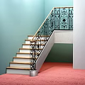 Staircase With Wrought Iron Decorative Railing And Wooden Steps Light Blue Wall Pink Floor