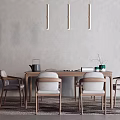 Modern Minimalist Wooden Tea Table and Chairs with Gray Wall Green Plant and Pendant Lights