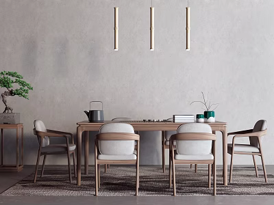 Modern Minimalist Wooden Tea Table and Chairs with Gray Wall Green Plant and Pendant Lights 3d model