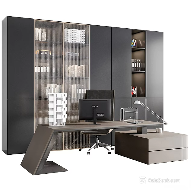 Modern Office Desk Setup With Computer Monitor Office Chair And Storage Cabinets 3d model 