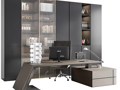 Modern Office Desk Setup With Computer Monitor Office Chair And Storage Cabinets 3d model