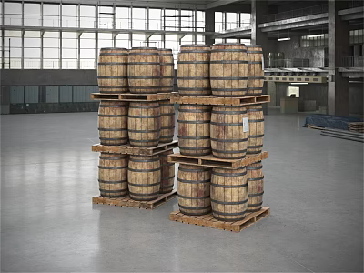 Industrial Display Shelving with Stacked Wooden Barrels on Pallets in Warehouse Environment 3d model