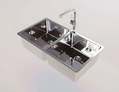 Stainless Steel Double Bowl Kitchen Sink With Chrome Faucet And Drain Holes 3d model