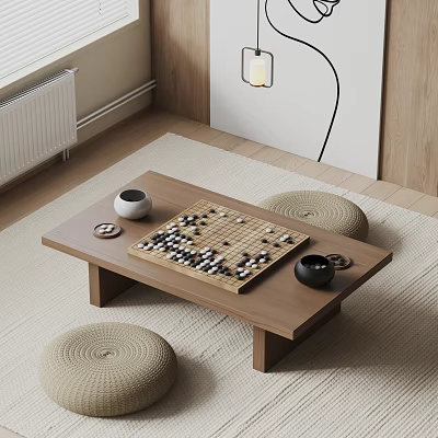 Minimalist Wooden Table and Chair Set with Go Board Pieces and Woven Straw Cushions 3d model