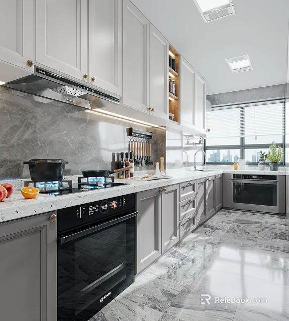 Modern Kitchen Interior With Light Gray Cabinets Marble Countertops Black Appliances Window And Knife Rack 3d model 