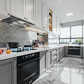 Modern Kitchen Interior With Light Gray Cabinets Marble Countertops Black Appliances Window And Knife Rack