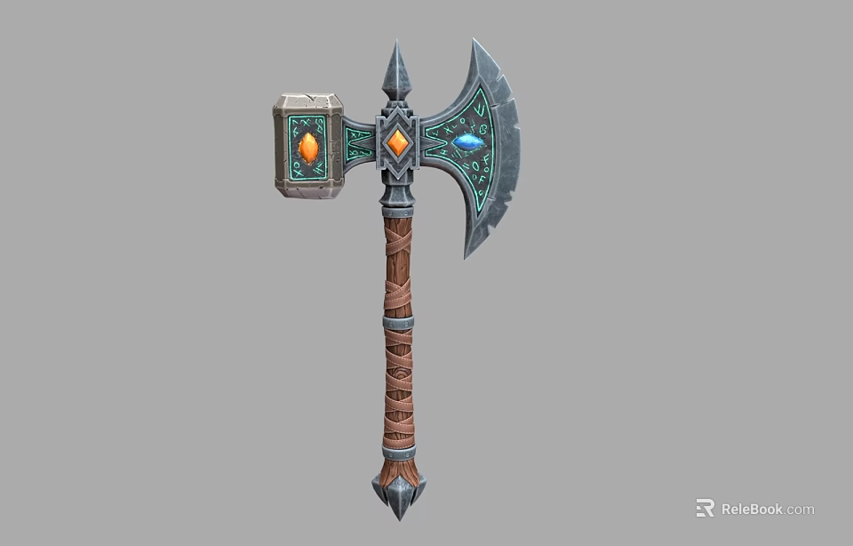 Fantasy Battle Axe Weapon With Wooden Handle And Colorful Gemstone Inlays 3d model 