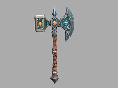 Fantasy Battle Axe Weapon With Wooden Handle And Colorful Gemstone Inlays 3d model