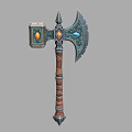 Fantasy Battle Axe Weapon With Wooden Handle And Colorful Gemstone Inlays