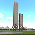 Modern Outdoor Billboards With Decorative Bases Standing On Green Grassland Under Blue Sky