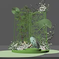 Floral Art Installation With Green Laser Cut Screen Green Fans And White Pink Flowers
