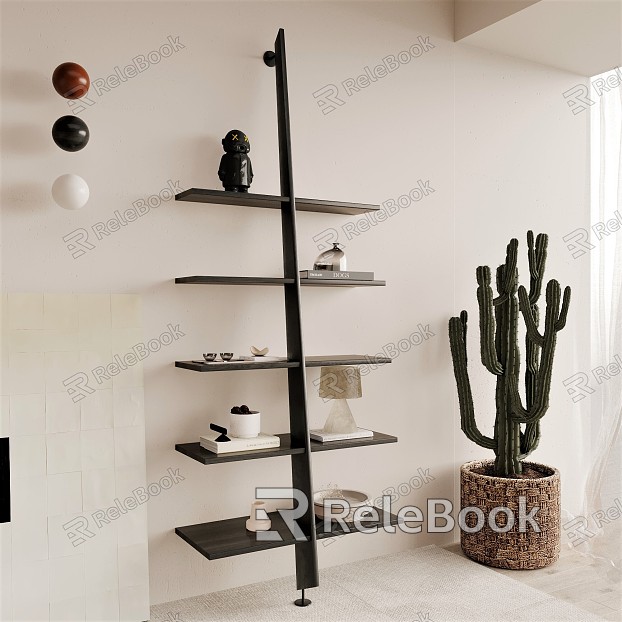 Modern bookshelf ladder leaning decorative shelf wooden work model