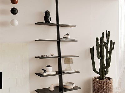 Modern bookshelf ladder leaning decorative shelf wooden work model