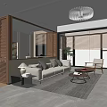 Modern Living Room Interior With Beige Sofa Multiple Cushions Wooden Bookshelf And Open Partition