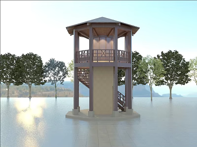 Scenic Hexagonal Tower With Wooden Roof Balcony Railings Spiral Staircase Trees And Water 3d model