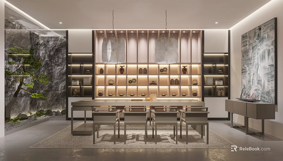 Serene Tea Room Interior With Displayed Tea Sets Wooden Table Chairs And Hanging Pendant Lights 3d model 