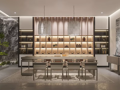 Serene Tea Room Interior With Displayed Tea Sets Wooden Table Chairs And Hanging Pendant Lights 3d model