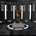 Display Shelves Featuring Golden Trophy On Circular Platform With Illuminated Strips And Gray Walls