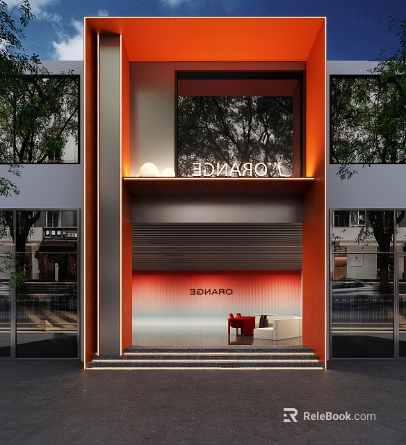 Hotel Lobby Entrance With Modern Design Orange Theme Large Window Red Chair And White Sofa 3d model 