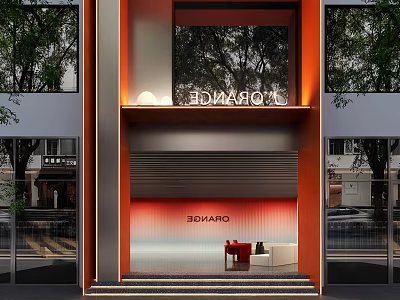 Hotel Lobby Entrance With Modern Design Orange Theme Large Window Red Chair And White Sofa 3d model