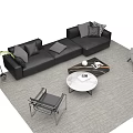 Modern Gray Sofa and Coffee Table Set With Marble Top Accent Chair and Indoor Plant