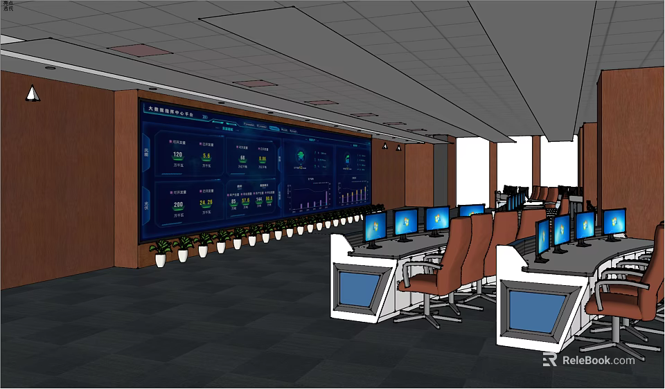Modern Monitoring Room Interior With Large Screen Multiple Computer Monitors and Control Desks 3d model 