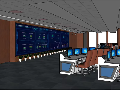 Modern Monitoring Room Interior With Large Screen Multiple Computer Monitors and Control Desks 3d model