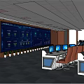 Modern Monitoring Room Interior With Large Screen Multiple Computer Monitors and Control Desks