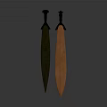 Two Ancient Swords Green Rusted And Copper Colored Displayed Side By Side On Gray Background