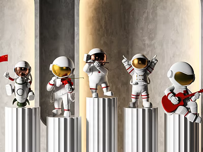 Astronaut Themed Decorative Figurine Set With Diverse Action Poses On White Column Pedestals 3d model