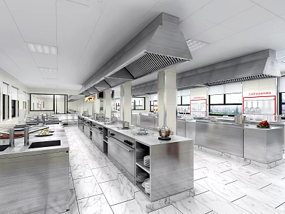Spacious Commercial Kitchen With Stainless Steel Workstations Range Hoods And Tile Flooring 3d model
