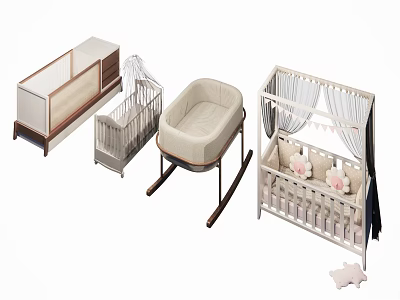 Baby Cribs with Rocking Bassinet Canopy Design and Wooden Storage Shelf 3d model