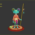 Anthropomorphic Red Eyed Frog In Yellow Red Kimono With Long Staff On Grass Base
