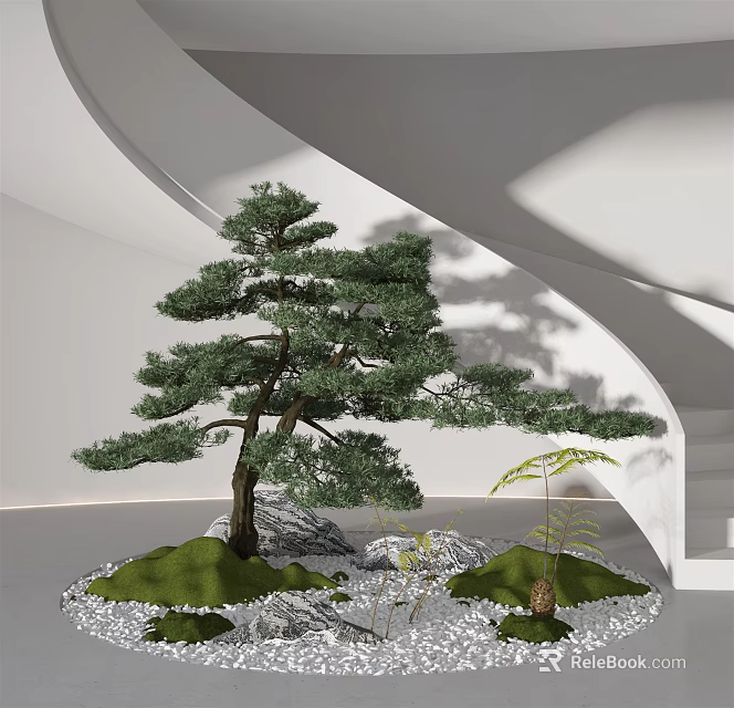 Garden Ornament with Pine Tree Stones Moss and Small Plants in Modern Interior 3d model 