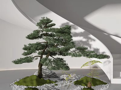 Garden Ornament with Pine Tree Stones Moss and Small Plants in Modern Interior 3d model