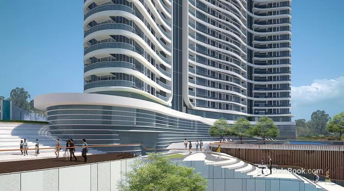 Modern Curved High Rise Building With Balconies Pedestrian Walkway And Green Trees 3d model 