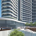 Modern Curved High Rise Building With Balconies Pedestrian Walkway And Green Trees