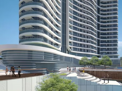 Modern Curved High Rise Building With Balconies Pedestrian Walkway And Green Trees 3d model